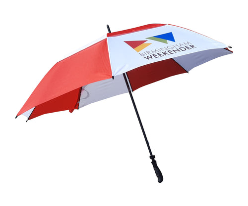 Troon Double Canopy Vented Umbrella printed on white panels. As low as £12.99 each. Min Qty 1.
