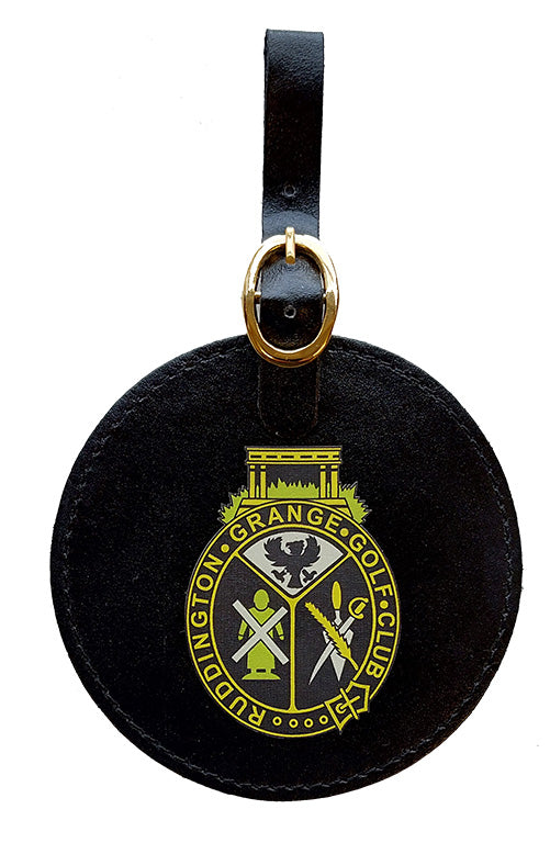 Black Leather Bag Tag with full colour vinyl print from £5.80. (Min qty 25)